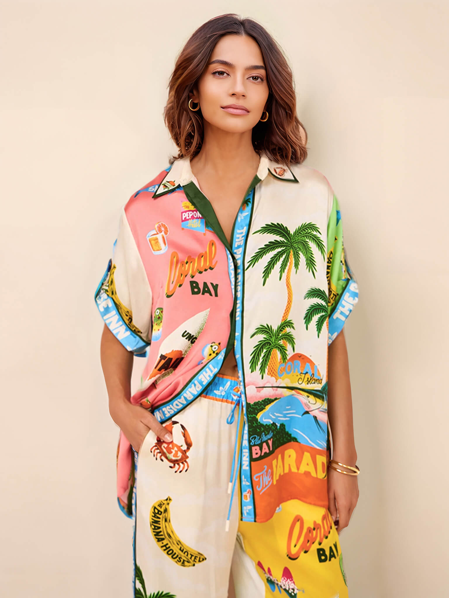Sunny Beach Sommerstil bedrucktes zweiteiliges Set – Hose