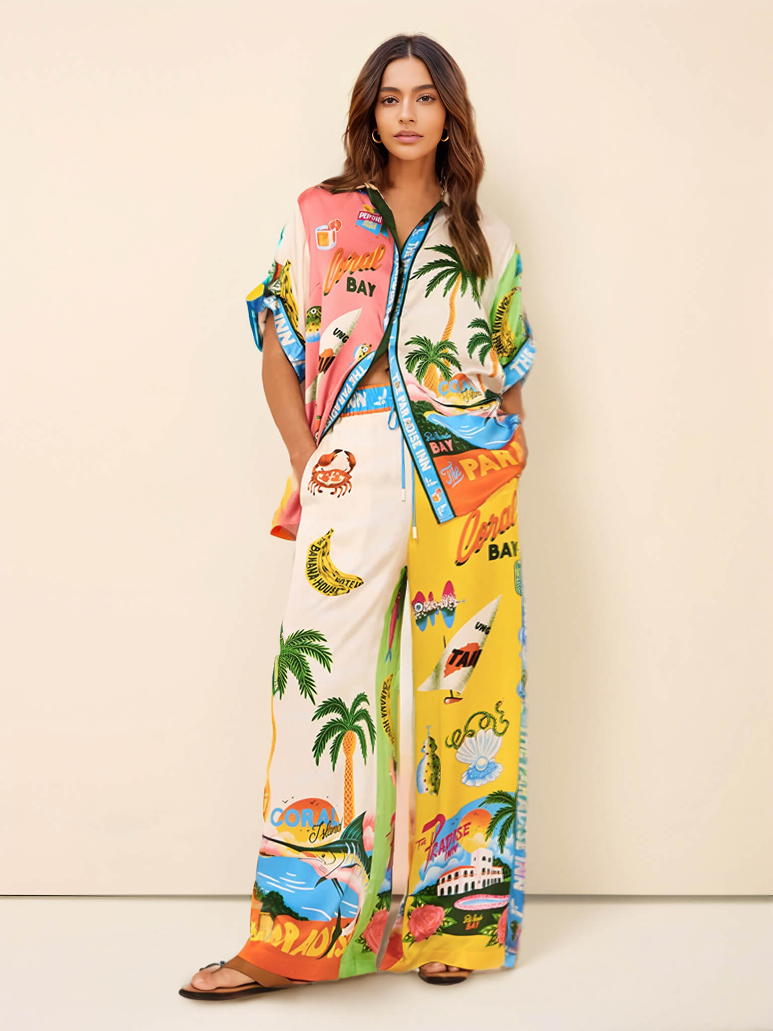 Sunny Beach Sommerstil bedrucktes zweiteiliges Set – Hose