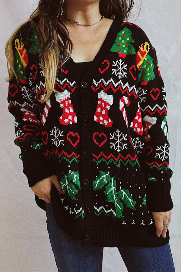 Christmas Pattern Knitted Crew Neck Long Sleeved Sweater Black