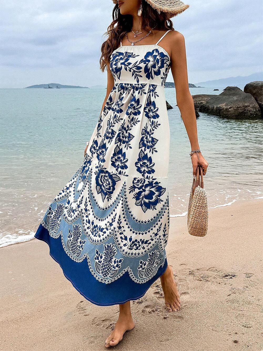 Robe mi-longue ample à imprimé floral ethnique et dos froncé