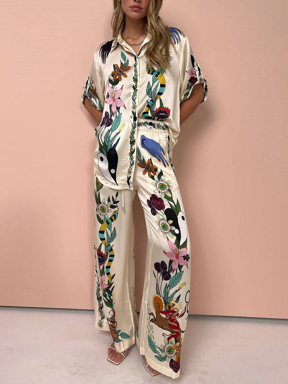 Satinhose mit einzigartigem Druck, elastischer Taille und weitem Bein und Taschen