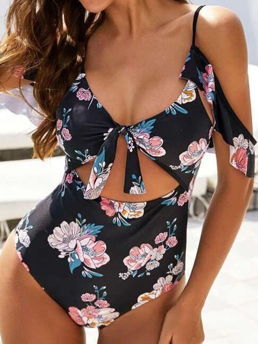 Floral Print Knot Front One-piece Swimsuit Black