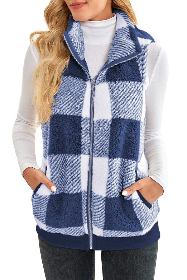 Plaid thickened double-sided velvet cardigan vest stand collar sleeveless vest jacket Blue