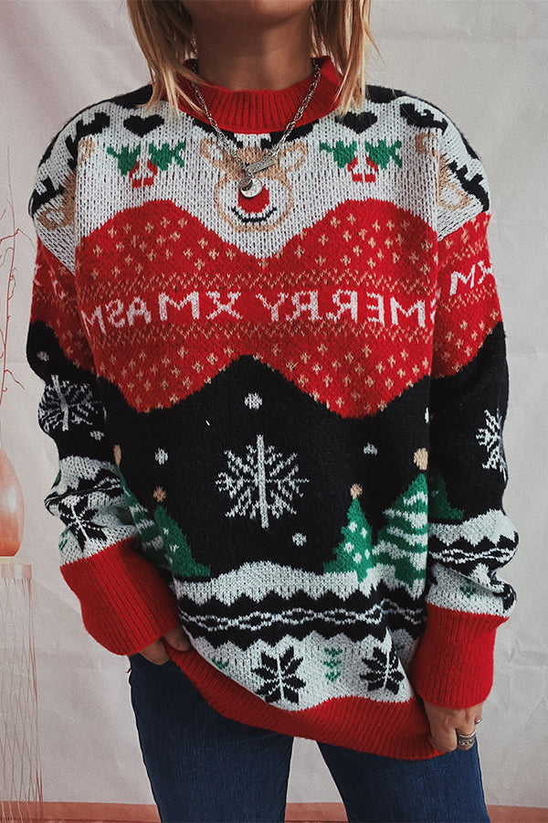 Christmas Pattern Knitted Crew Neck Long Sleeved Sweater Red