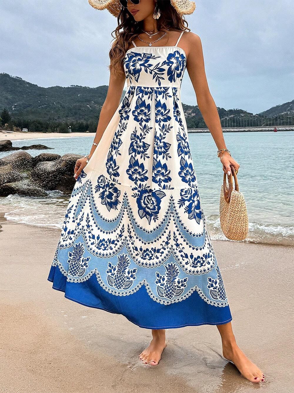 Robe mi-longue ample à imprimé floral ethnique et dos froncé