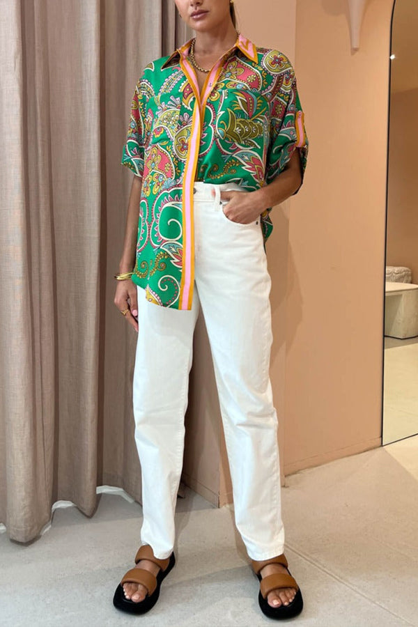 Free Me Today Satin Paisley Print Button Down Oversized Blouse Green