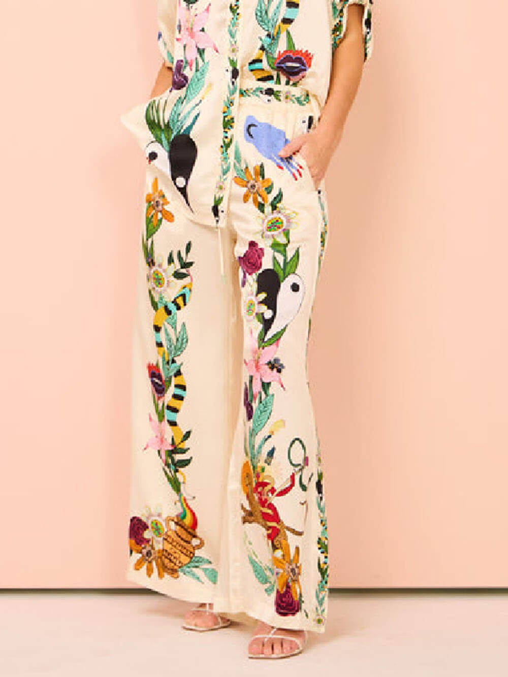 Satinhose mit einzigartigem Druck, elastischer Taille und weitem Bein und Taschen