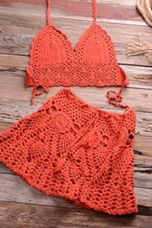 Crochet Two Pieces Swimsuit Red