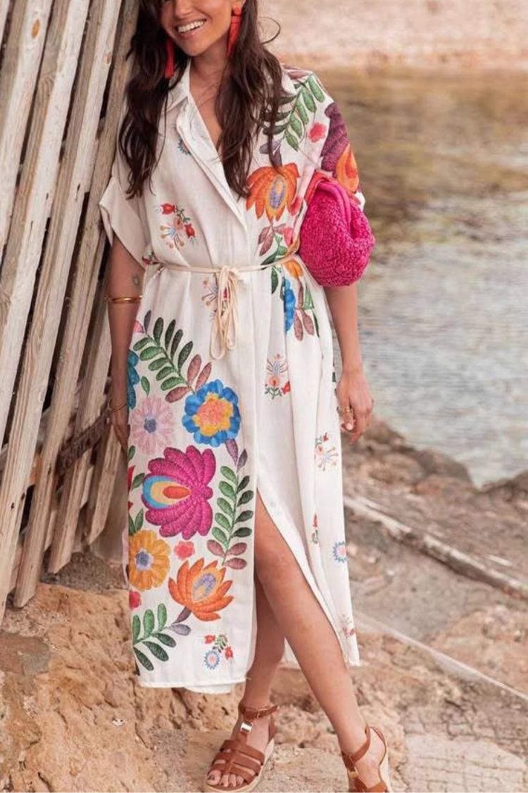 Plant Print Lapel Short Sleeve Waist Tie Loose Vacation Midi Dress