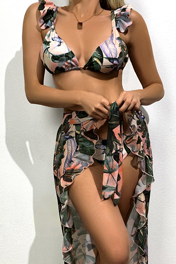 Three-piece Bikini With Leaf Print Mesh Lace Green