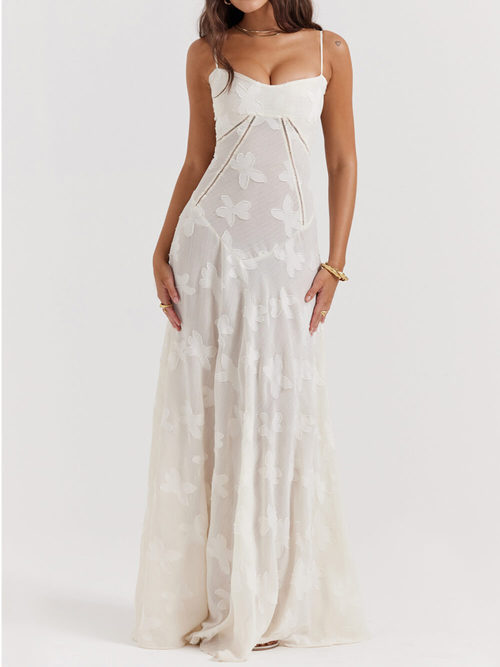 Robe longue vintage crème à fleurs et dentelle au dos