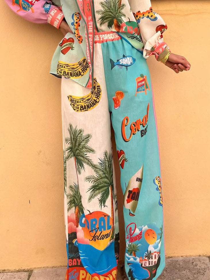 Einzigartige Hose mit weitem Bein und elastischer Taille im Resort Island-Print