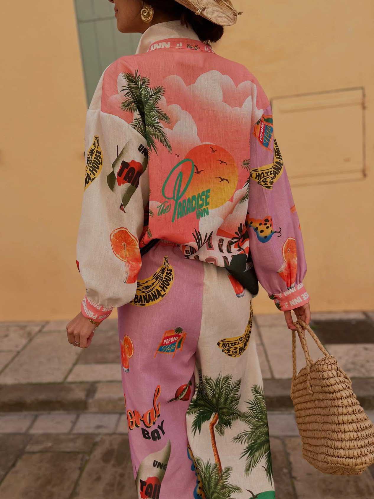 Einzigartige Hose mit weitem Bein und elastischer Taille im Resort Island-Print