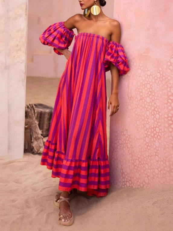 Atemberaubendes, einzigartiges Maxikleid mit Puffärmeln und Streifenmuster
