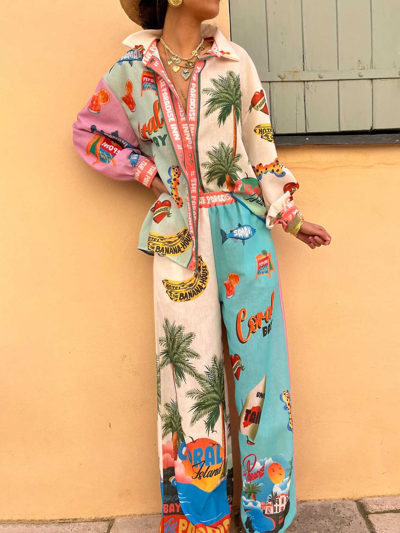 Einzigartige Hose mit weitem Bein und elastischer Taille im Resort Island-Print