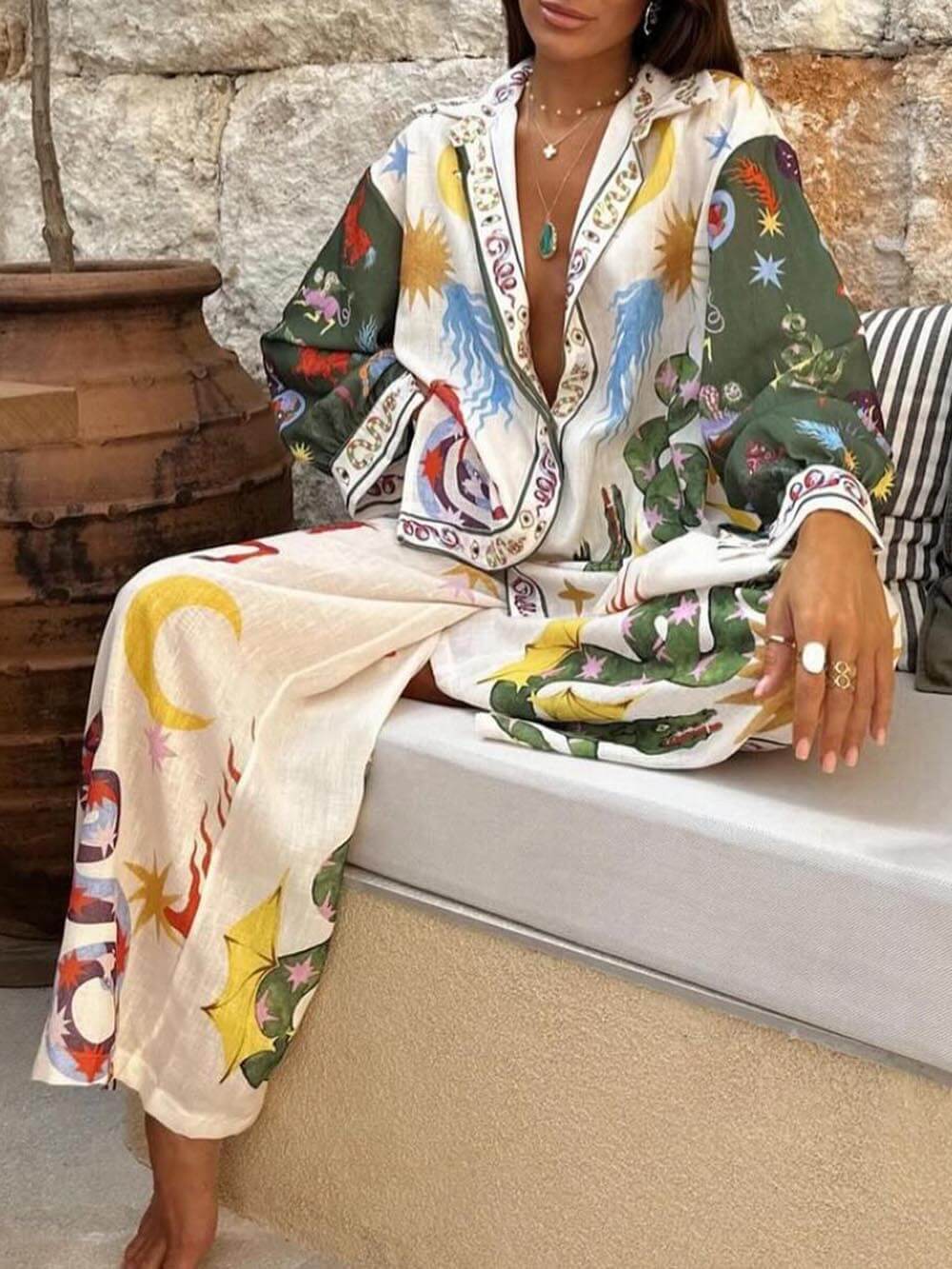 Ensemble chemise à manches longues et pantalon à taille élastique à imprimé unique Beauty