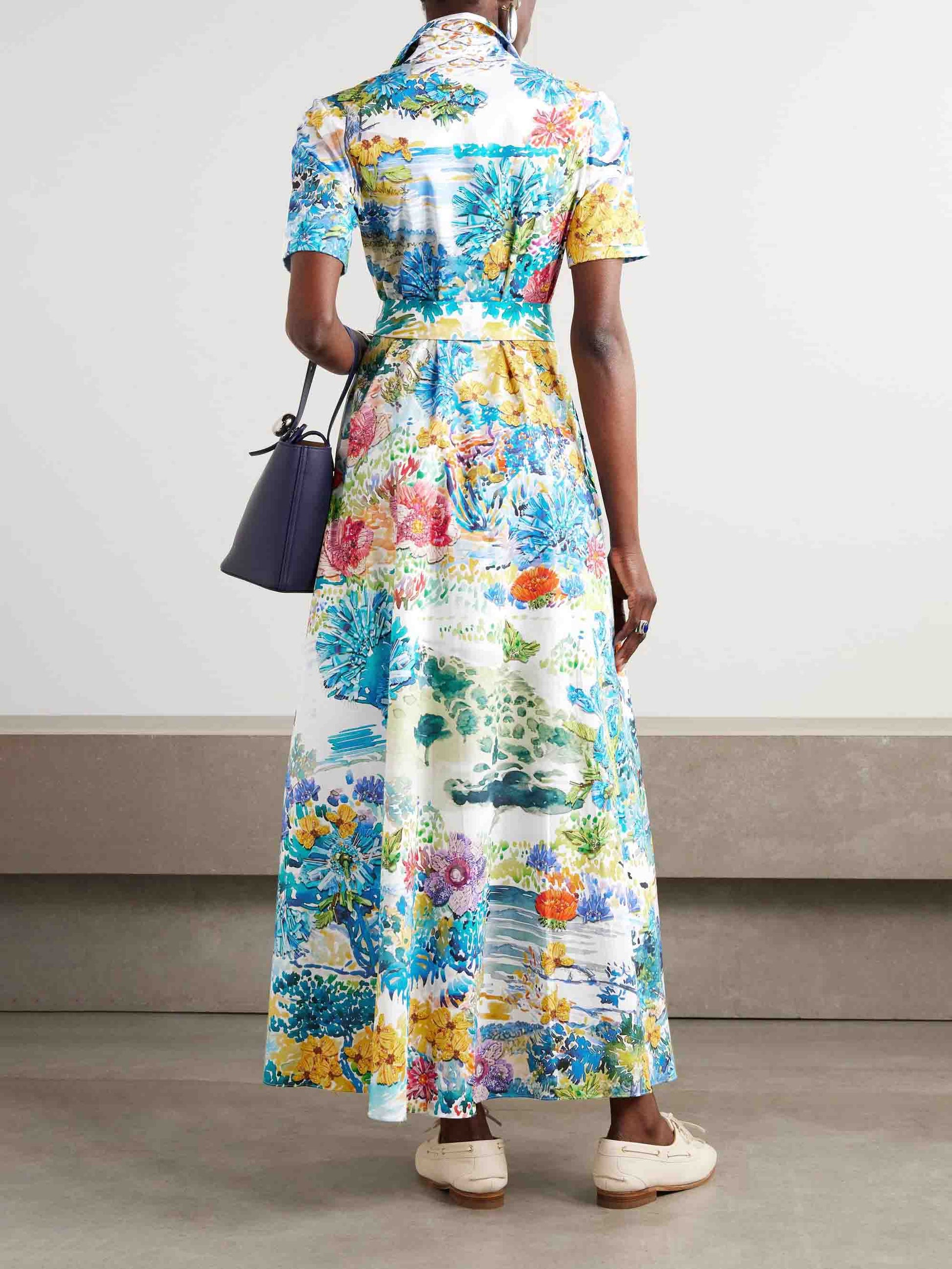 Robe longue chemise nouée à imprimé aquarelle unique