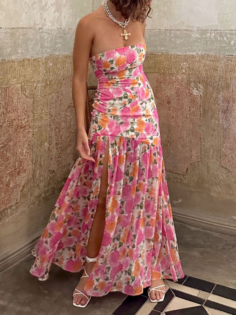 Robe longue romantique sans bretelles à fleurs fendues