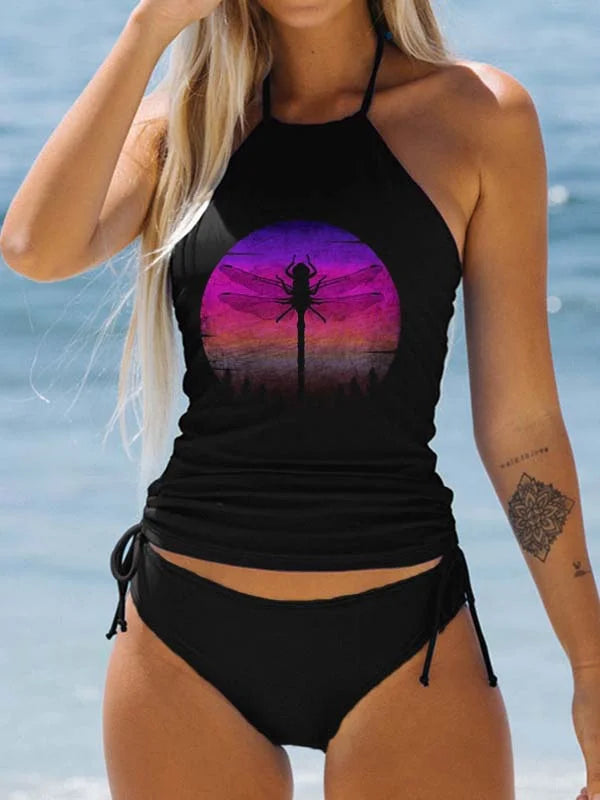 Dragonfly Vintage Sunset Print Two Piece Swimwear Purple