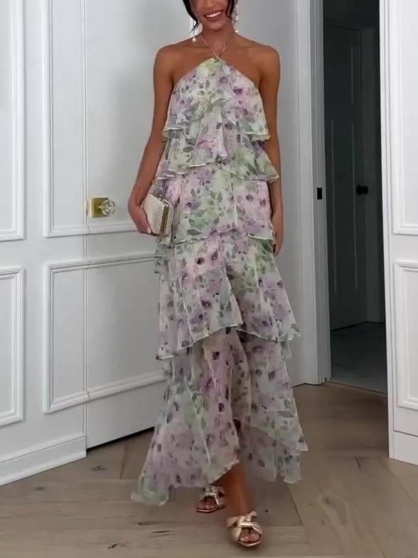 Neckholder-Kleid mit mehrlagigem Rüschen- und Blumenmuster