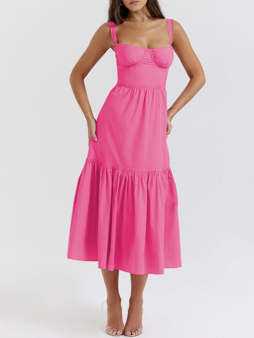 Robe mi-longue unie à bretelles et ourlet en A