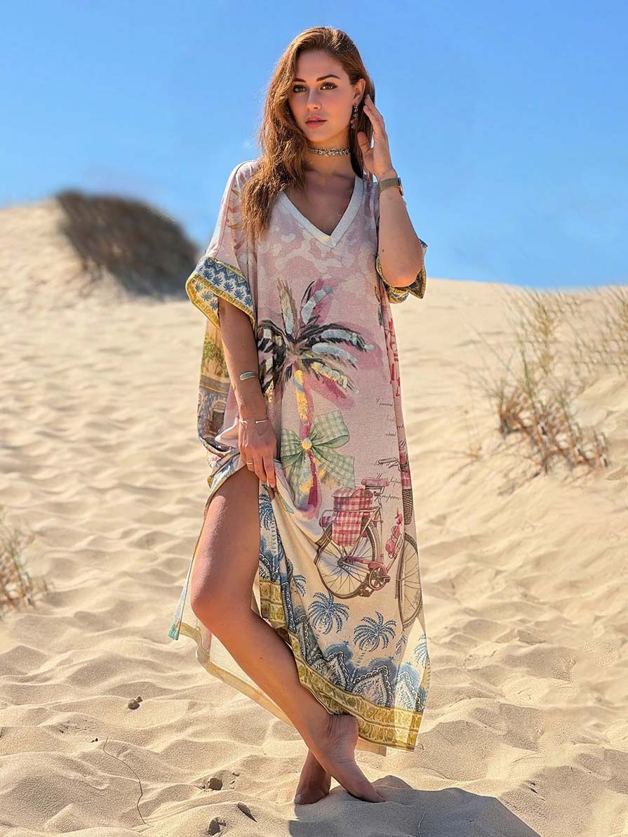 Einzigartiges Maxikleid mit V-Ausschnitt und Schlitz im Tung-Palmen-Print
