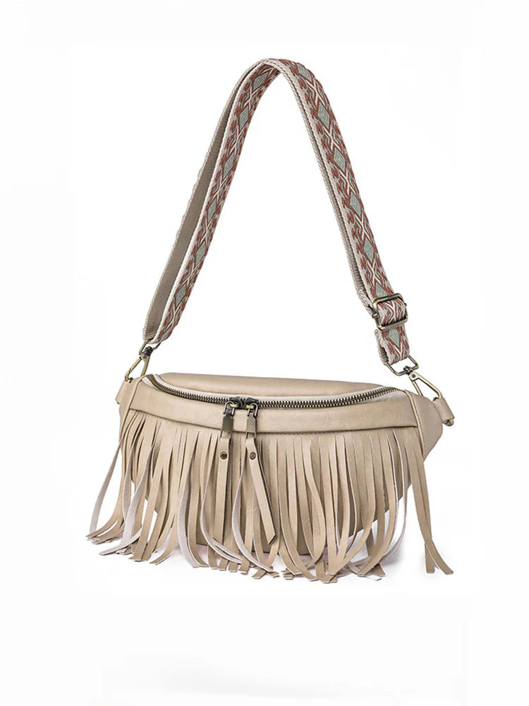 Vintage Totem Shoulder Strap Tassel Hobo Bag Khaki ONE SIZE