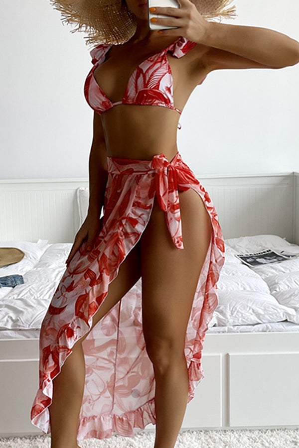 Three-piece Bikini With Leaf Print Mesh Lace Red