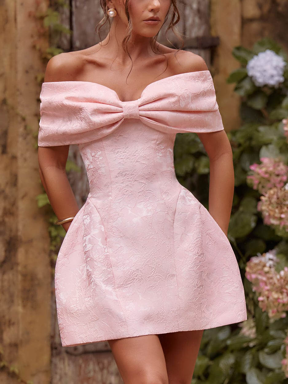 Elegantes schulterfreies Jacquard-Minikleid mit Schleife