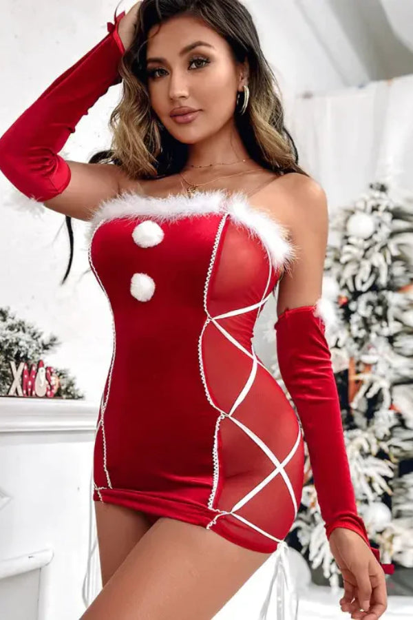 Christmas Fuzzy Trim Pom Pom Decor Babydoll With Thong & Gloves One Size Red