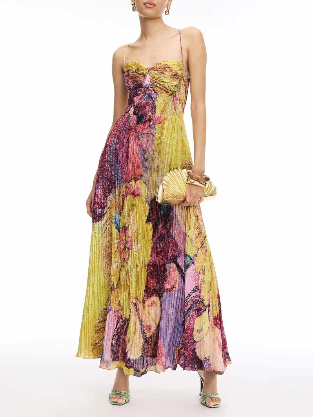 Plissiertes Maxikleid mit handbemaltem Blumendruck im Vintage-Stil
