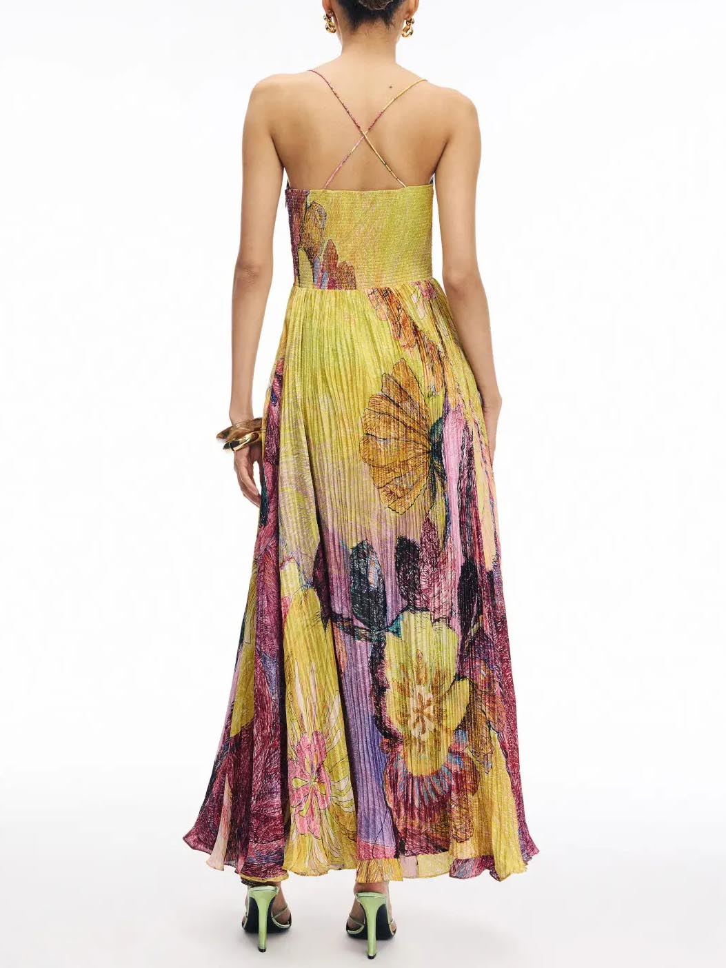 Robe longue plissée à imprimé floral peint à la main style art vintage