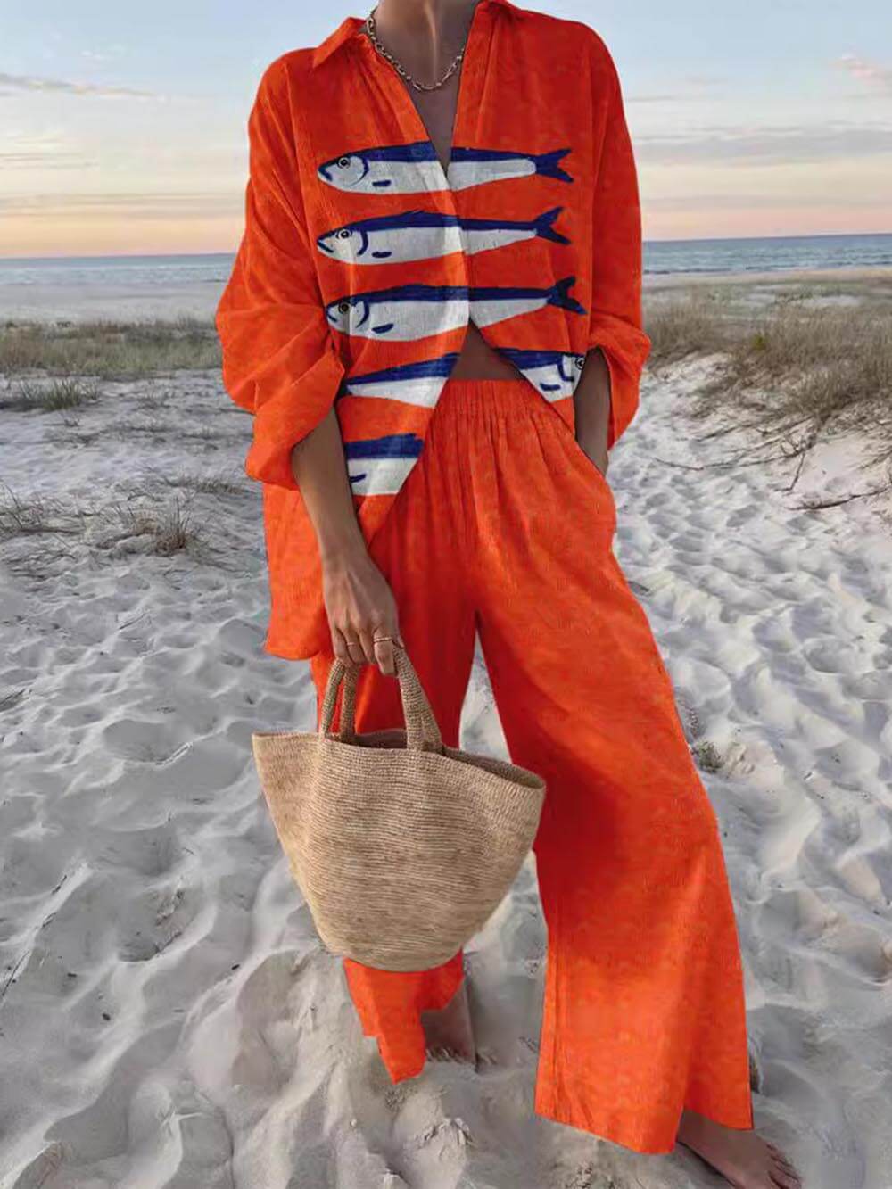 Ensemble chemise ample surdimensionnée et pantalon à jambes larges à imprimé décontracté unique