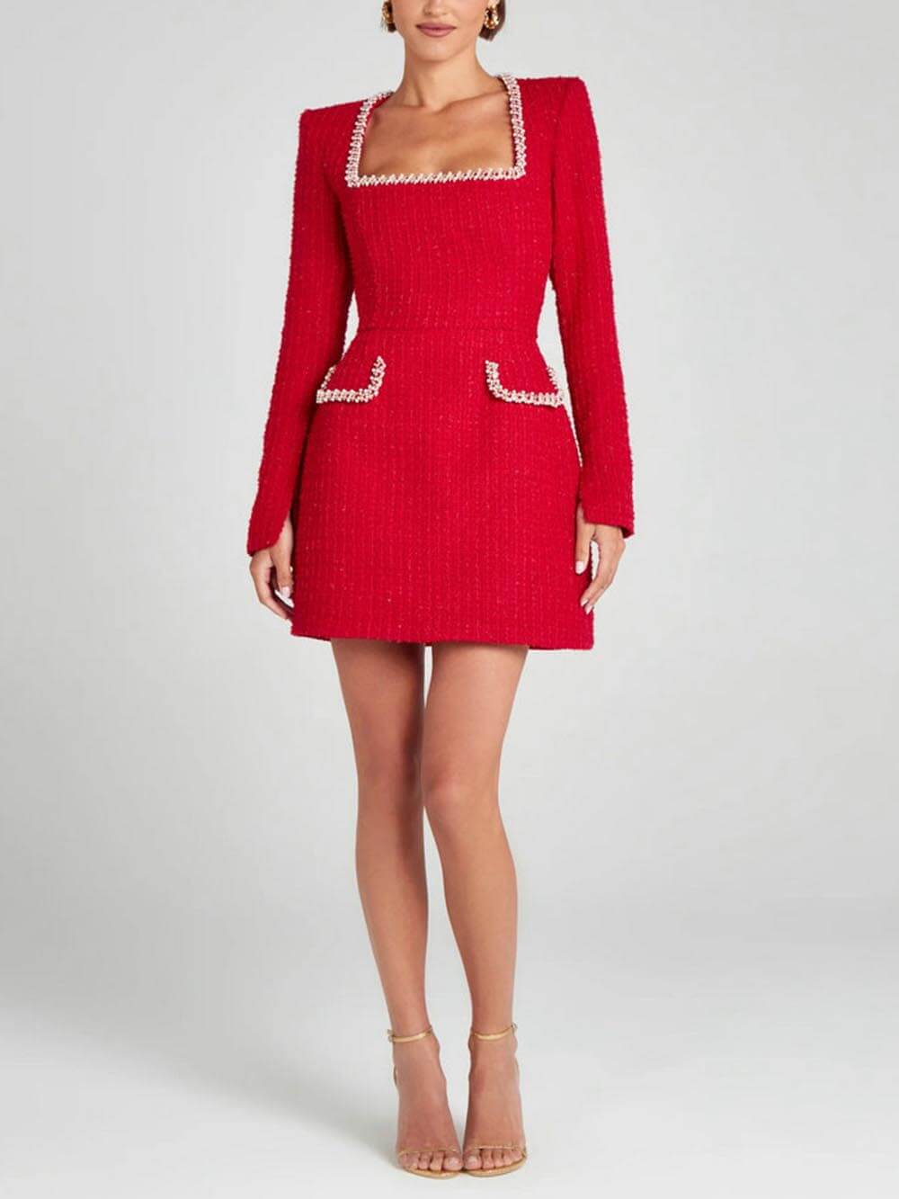 Exquisites Minikleid mit Perlenbesatz, Schlitzärmeln und Tasche für Mädchen