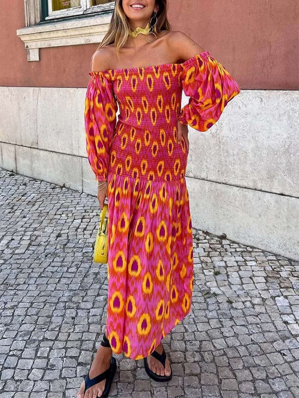 Einzigartiges, bedrucktes, schulterfreies Midikleid mit Ballonärmeln und Smokarbeit