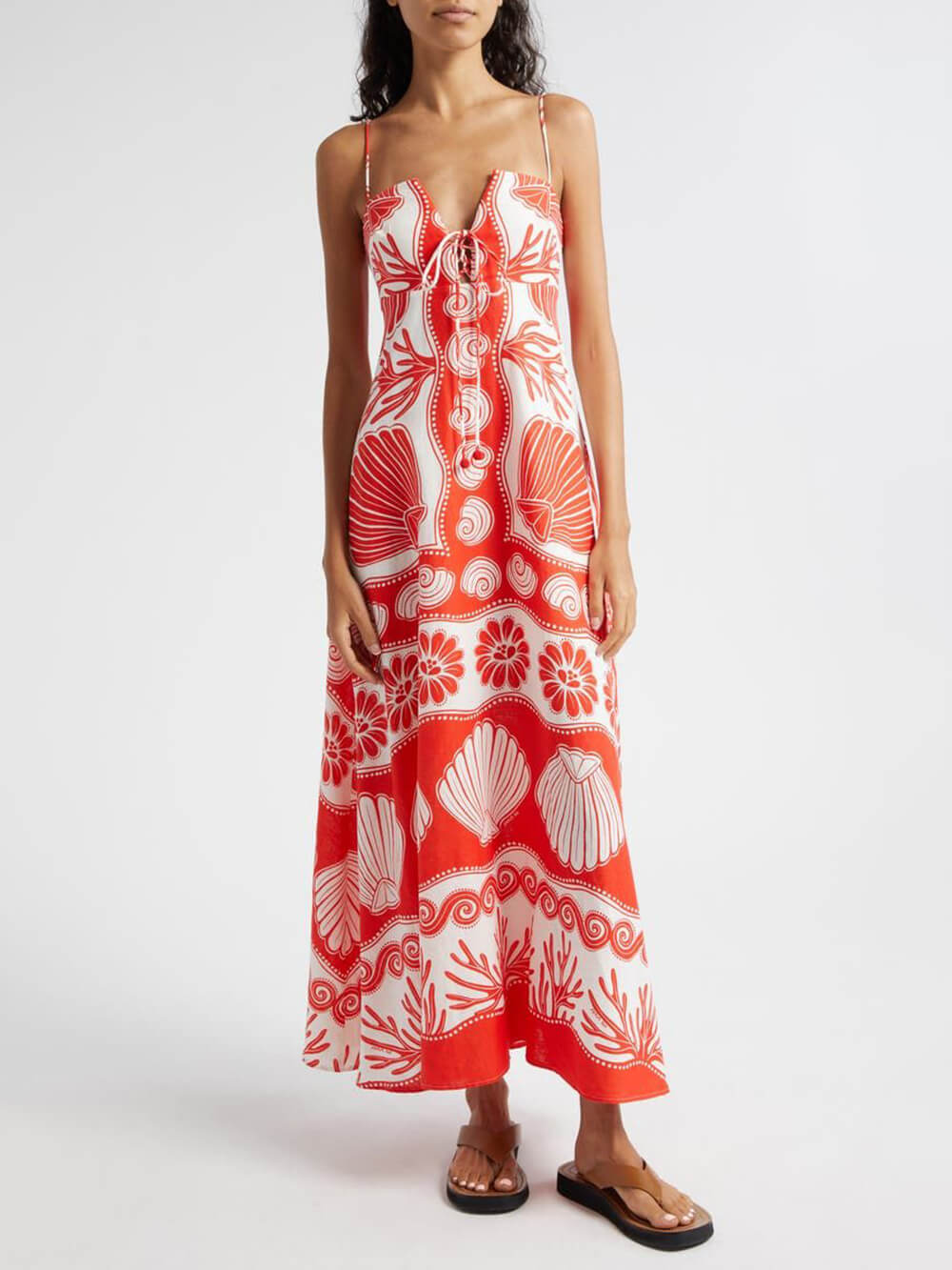 Lockeres Maxikleid mit Muschel-Print und Schnürung vorne