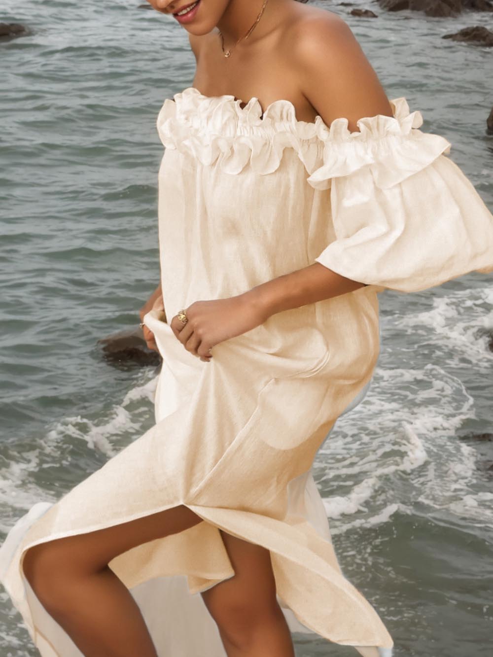 Robe mi-longue à épaules dénudées, volants, manches bouffantes et poches