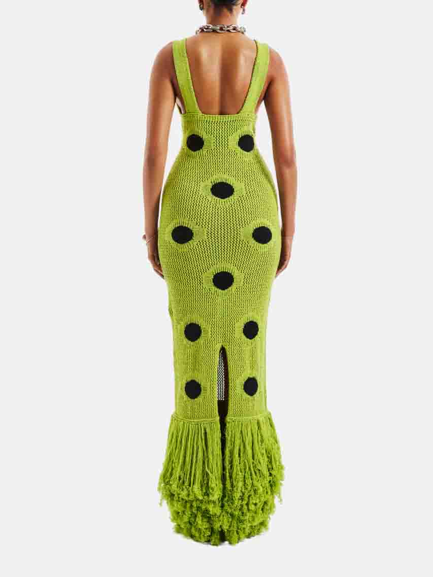 Robe longue exquise à pois et pompons au crochet