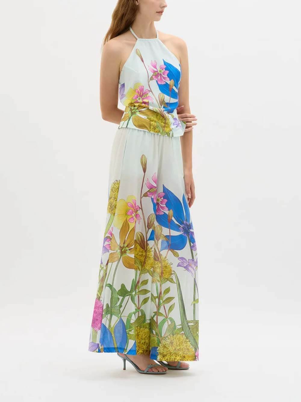 Unique Garden Print Elastic Waist Wide-Leg Pants