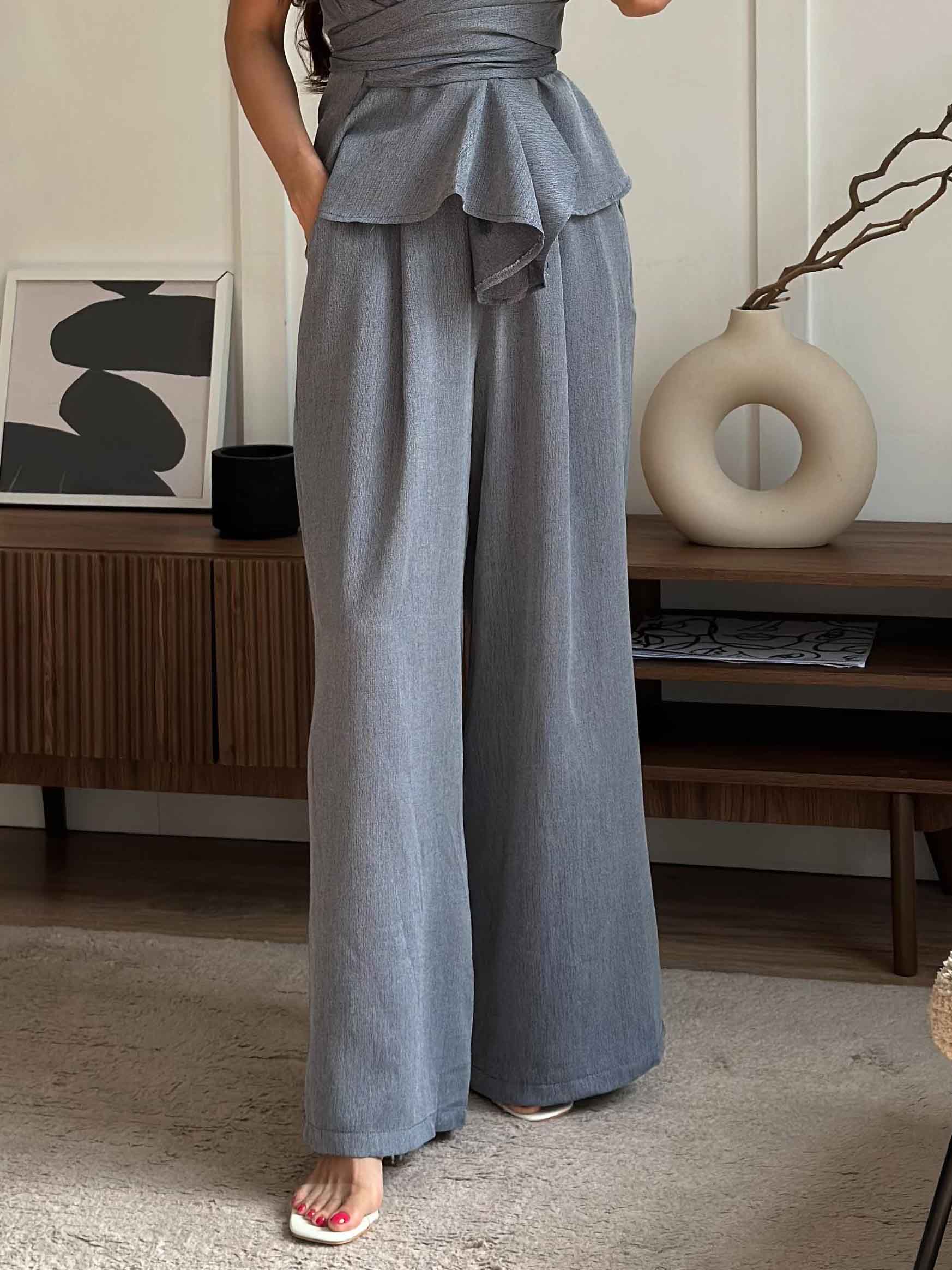 Fashionable Casual Elastic Side Pocket Wide-leg Pants