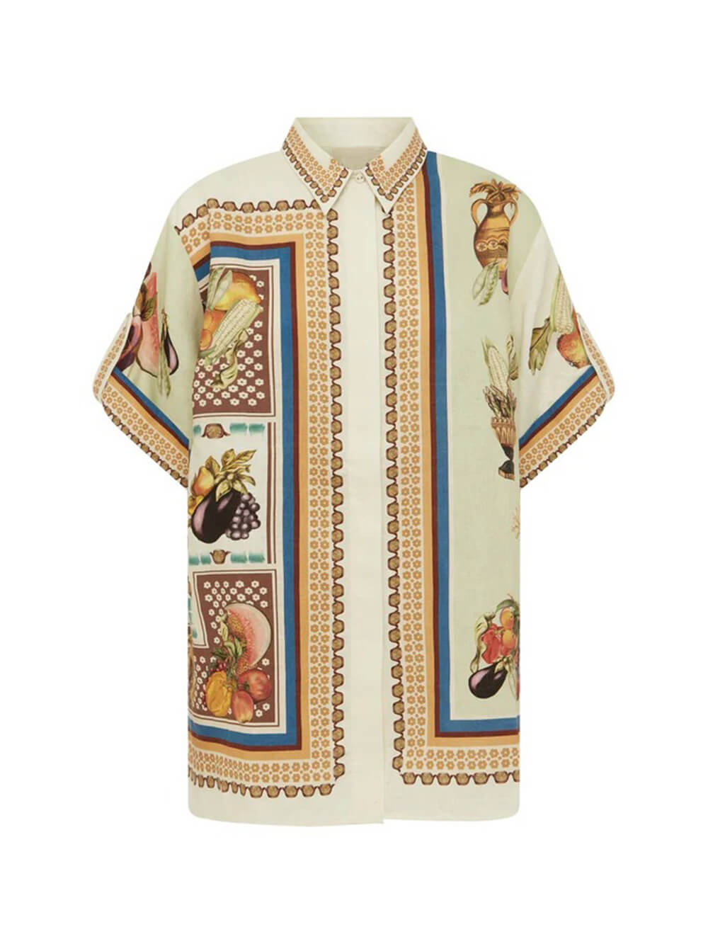 Chemise boutonnée ample en satin à imprimé fruits tropicaux de luxe unique
