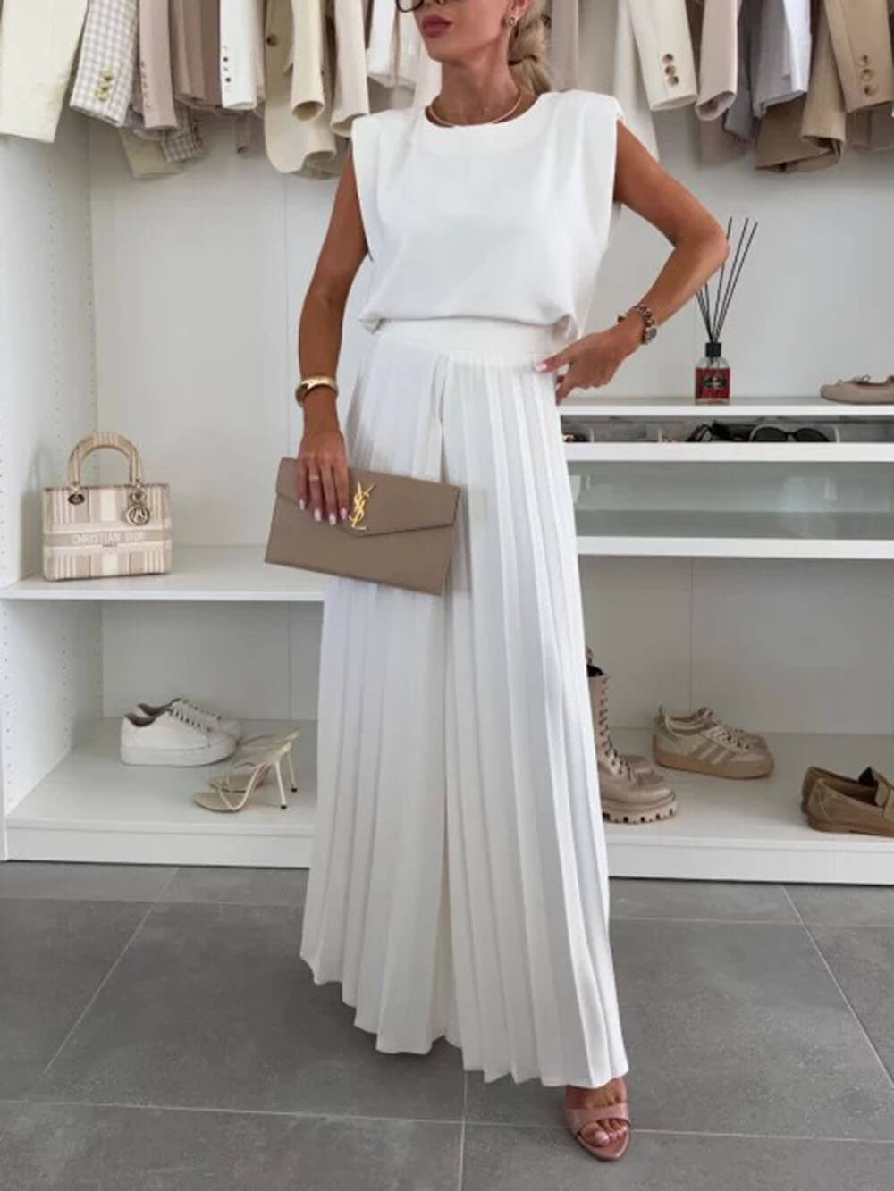 Fashionable Elastic Waist Pleated Wide-Leg Pants