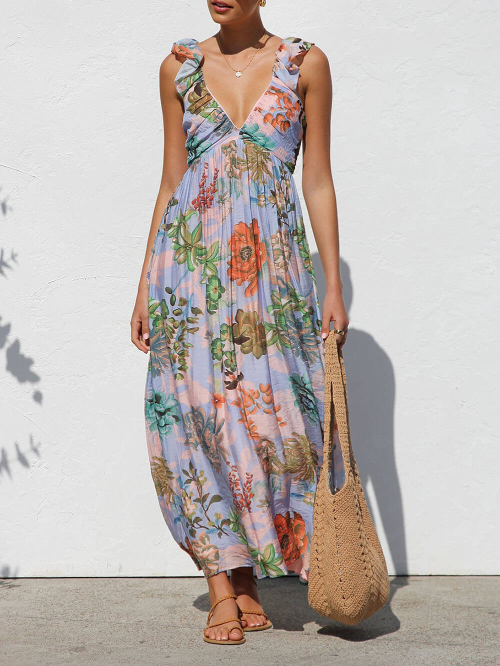 Robe longue à imprimé floral unique et magnifiquement plissée avec manches à volants
