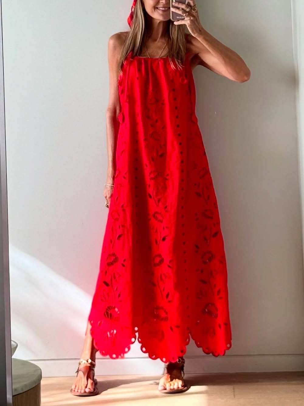 Robe midi élégante en lin mélangé au crochet avec bordure en dentelle