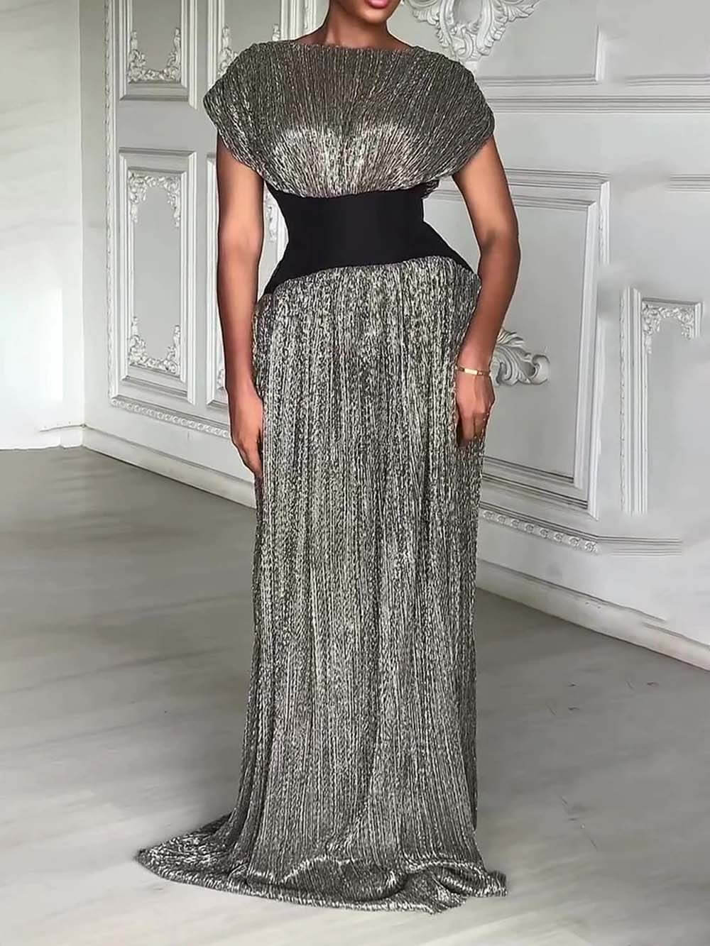 Elegant Shimmery Silver Contrast Waist Maxi Dress
