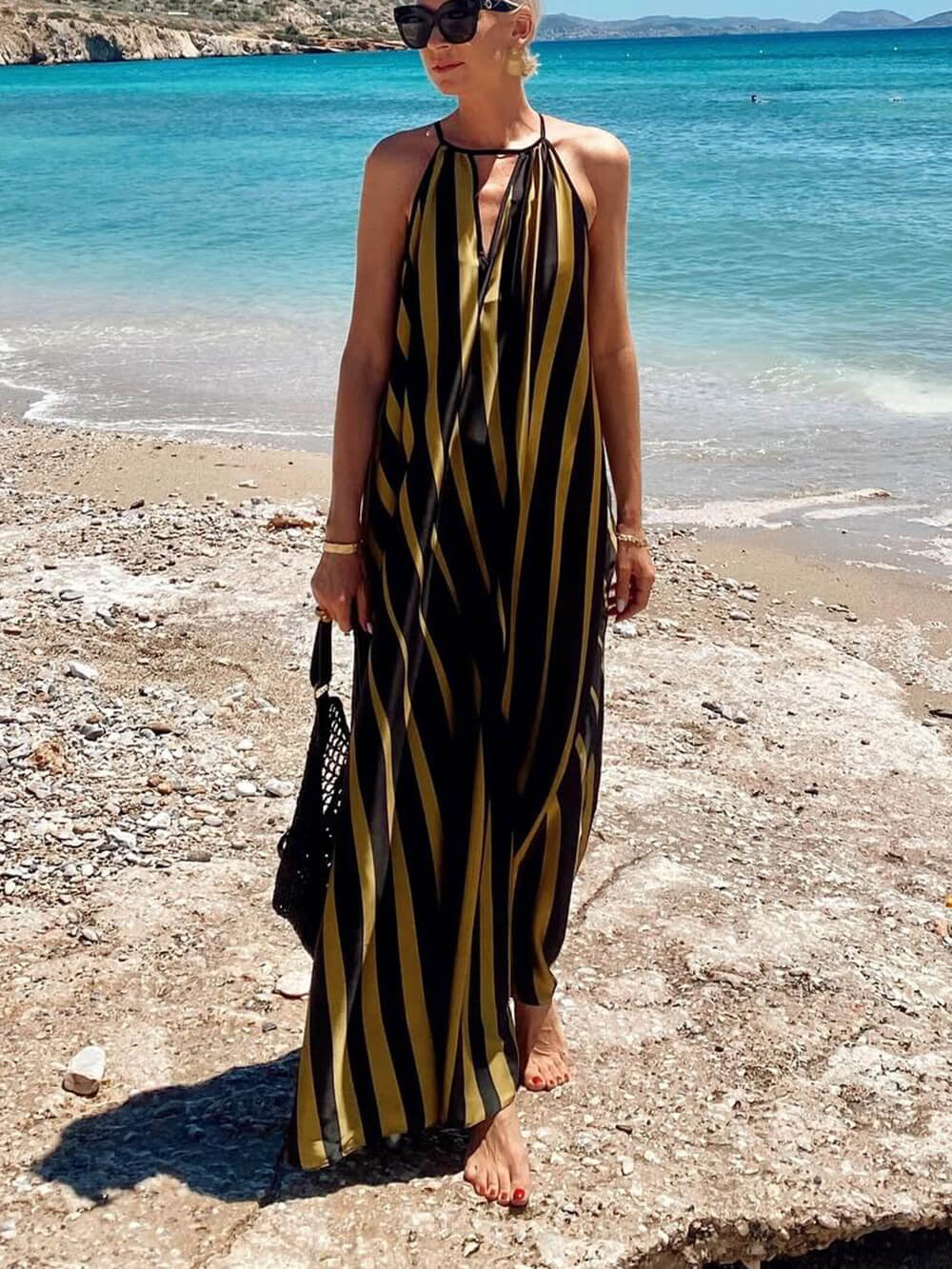 Lässiges Maxikleid mit Kontraststreifen-Print und Schnürung für den Urlaub