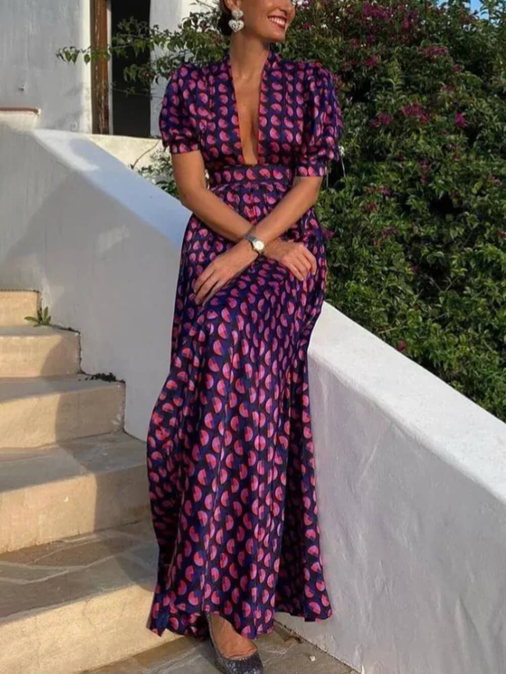 Robe longue ample à manches bouffantes et imprimé floral rétro