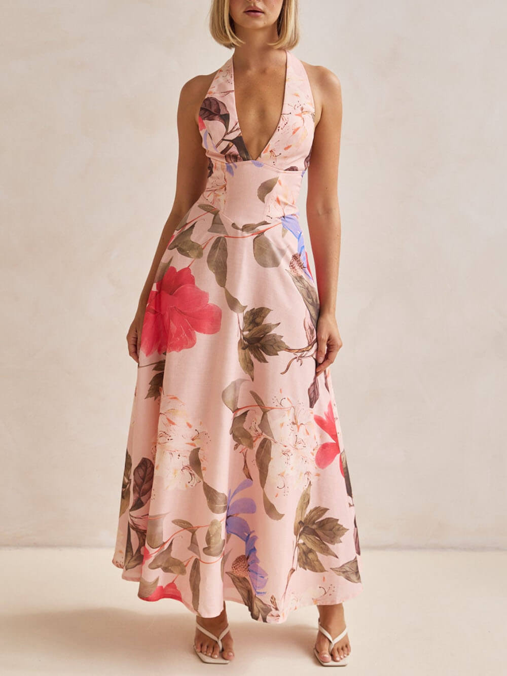 Robe longue dos nu à imprimé floral en lin rétro Terez
