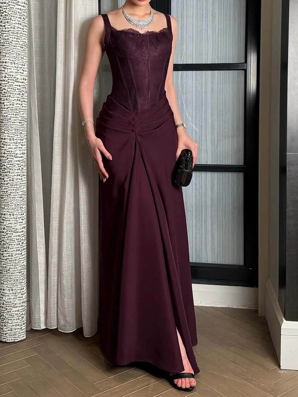 Elegant Lace With Side Slit Evening Gown Maxi Dress