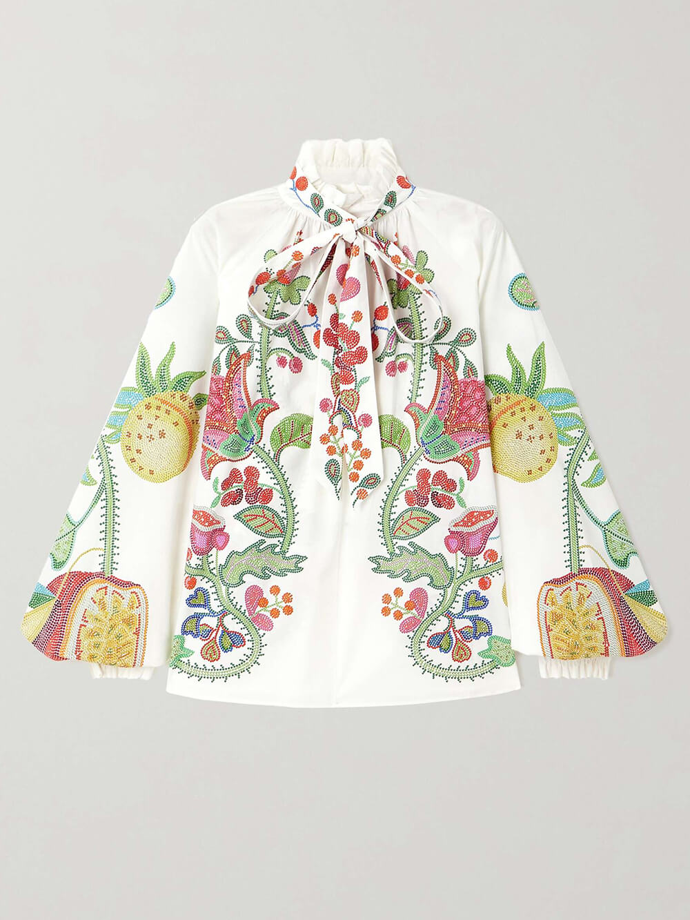 Chemisier ample à volants en satin fleuri et col papillon unique